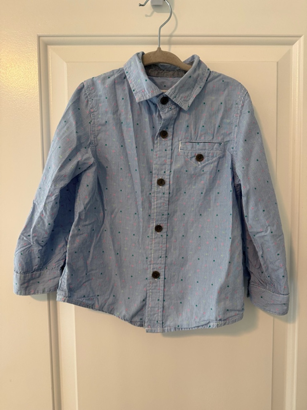 Cat & Jack Blue Striped Button-Up with Pink and Green Dot Accents